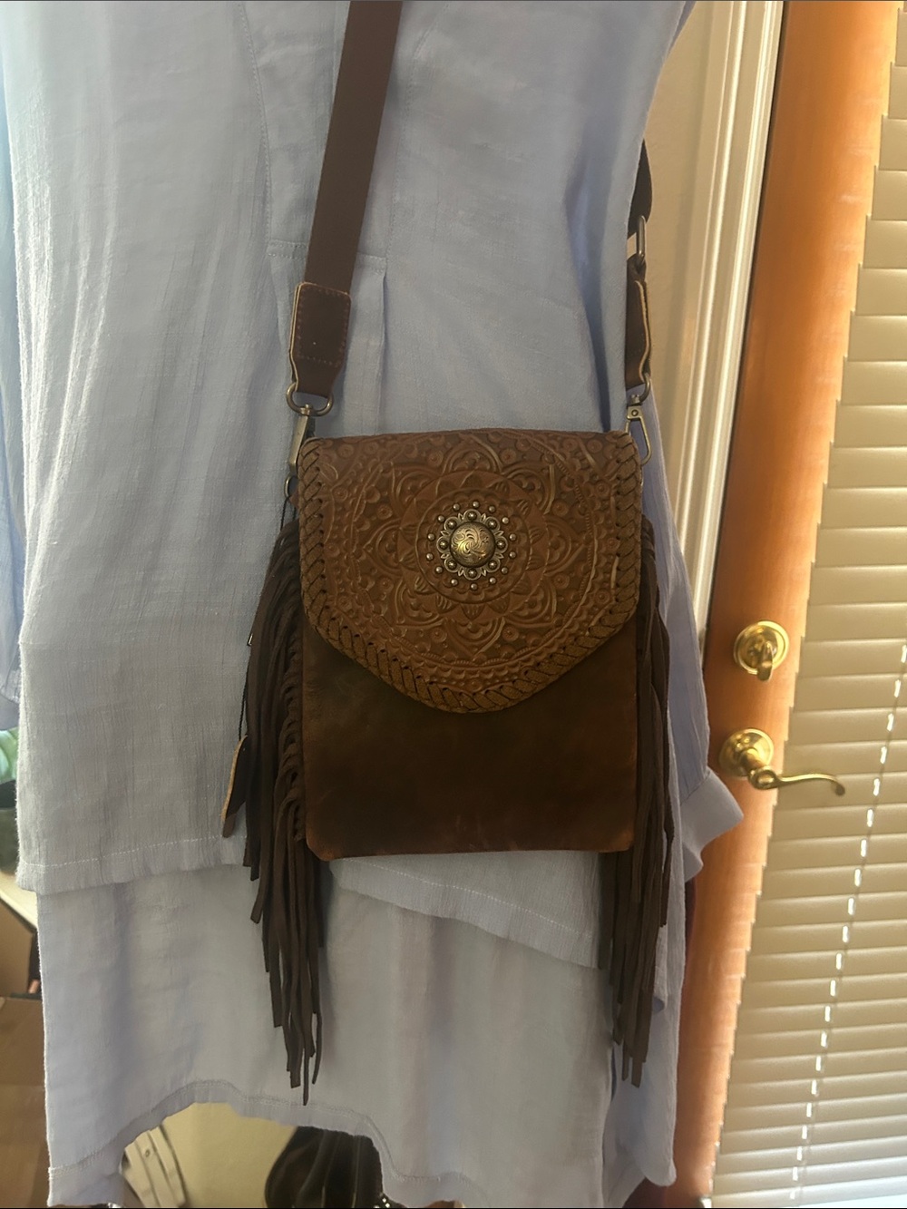 Montana West Brown Leather Embossed Fringe Crossbody Bag